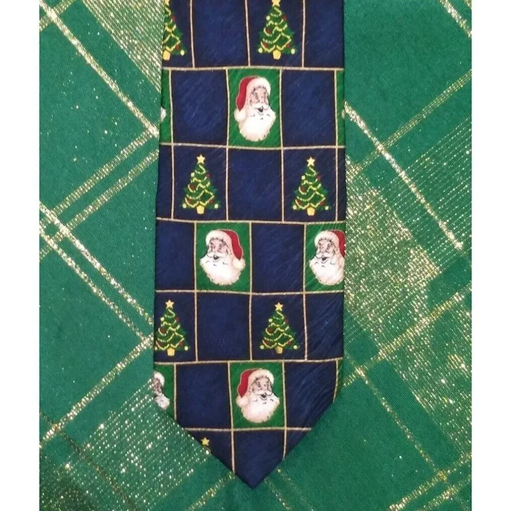 Robert Stock Mens Tie Necktie Santa & Christmas tree print 100% SILK USA MADE